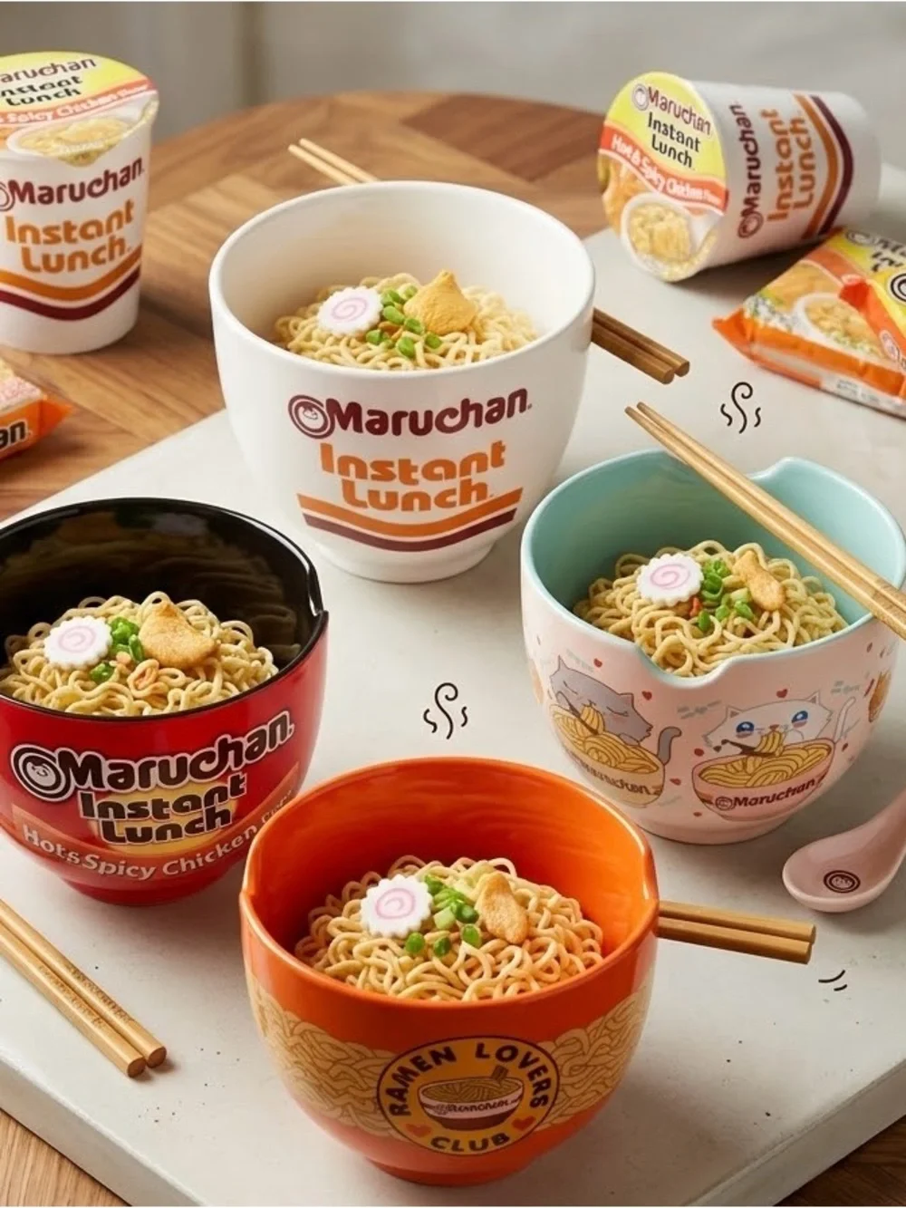 Set of 4 Maruchan Ramen Ceramic Bowls - Kawaii Cats, Hot & Spicy, Noodle Lovers